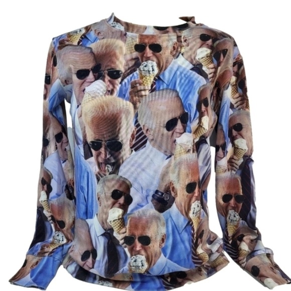 Shelfies Sweaters - Joe Biden Eating Ice Cream Long Sleeve Crew Neck Sweater - Size XS
